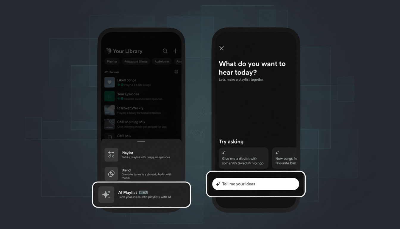 A 16:9 aspect ratio image showing two mobile phone screens displaying the Spotify app. The left screen shows Your Library with options like Liked Songs, Your Episodes, and Discover Weekly, along with a new AI Playlist beta feature. The right screen shows a prompt What do you want to hear today? with a text input field labeled Tell me your ideas. The background is a professional flat design with soft patterns.