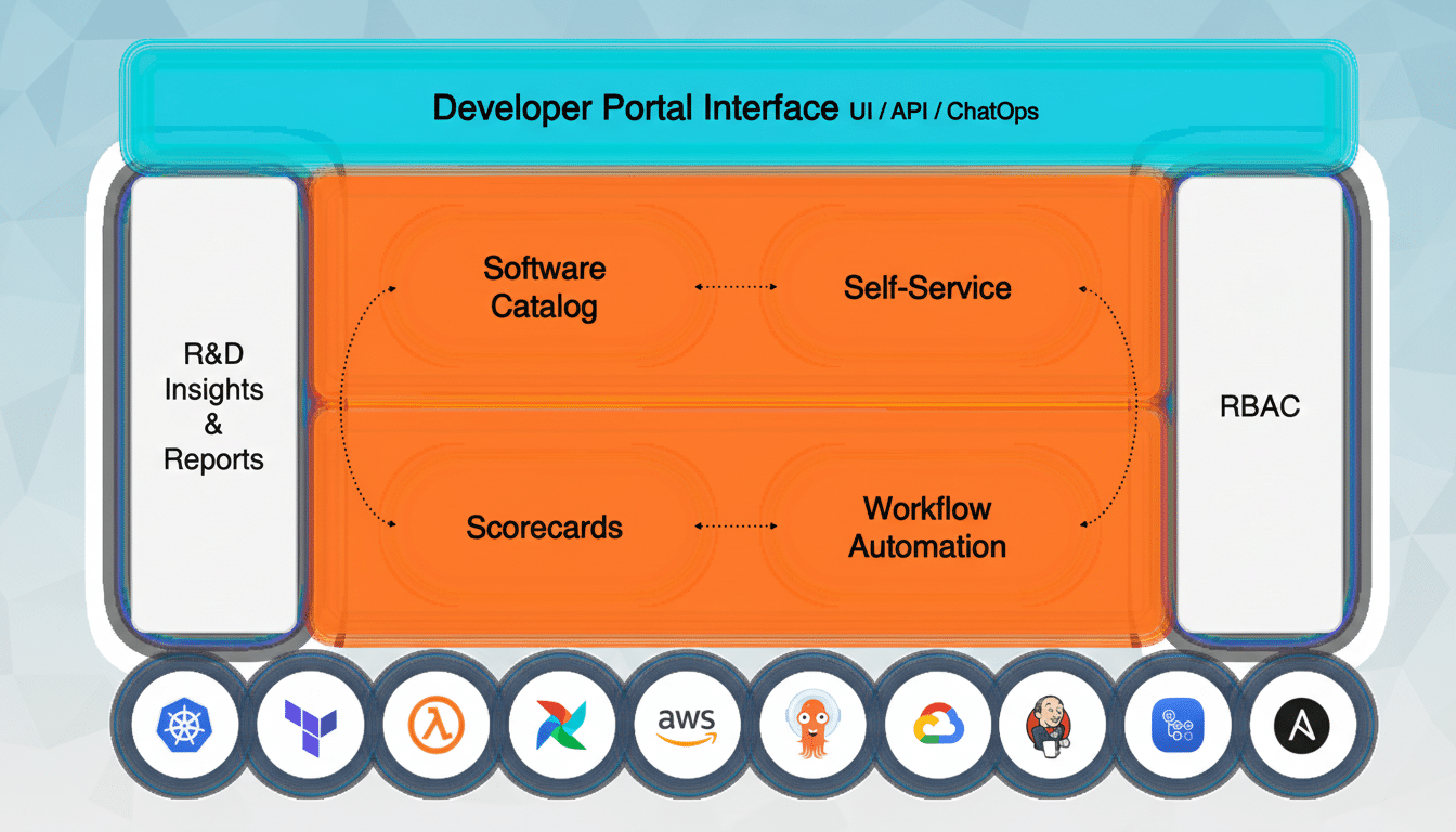 A professional diagram illustrating a Developer Portal Interface with sections for R&D Insights & Reports, Software Catalog, Self-Service, Scorecards, Workflow Automation, and RBAC, all integrated with various technology logos at the bottom.