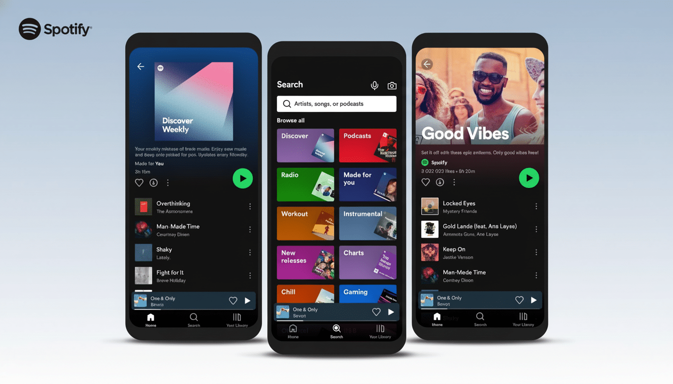 A 16:9 aspect ratio image of three Spotify app screens on smartphones, showcasing Discover Weekly, Search, and Good Vibes playlists, with a professional flat design background.