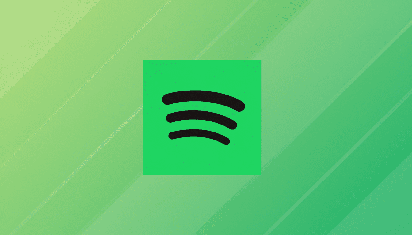 The Spotify logo, a black icon resembling sound waves on a bright green square, centered on a professional 16:9 background with a soft green gradient and subtle diagonal stripe patterns.