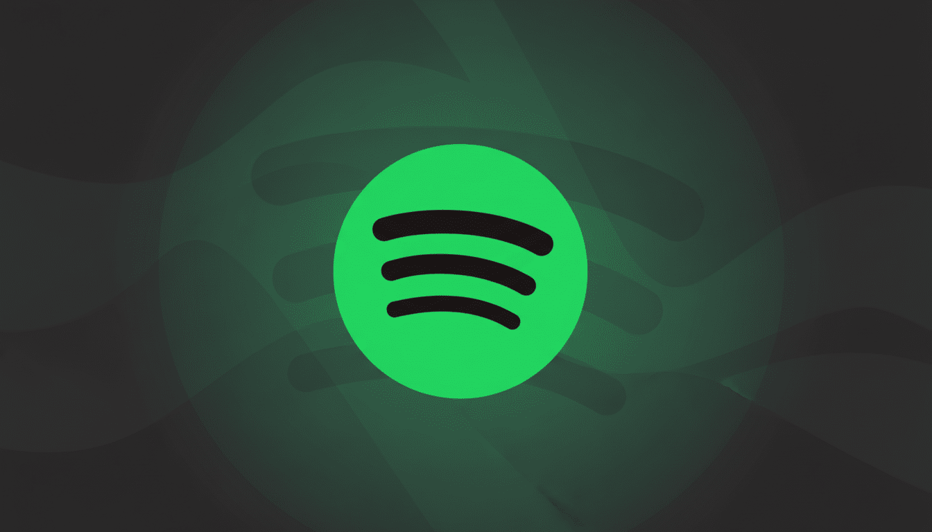 The Spotify logo, a bright green circle with three black curved lines representing sound waves, centered on a dark gray background with subtle, wavy patterns and a soft green glow emanating from behind the logo.