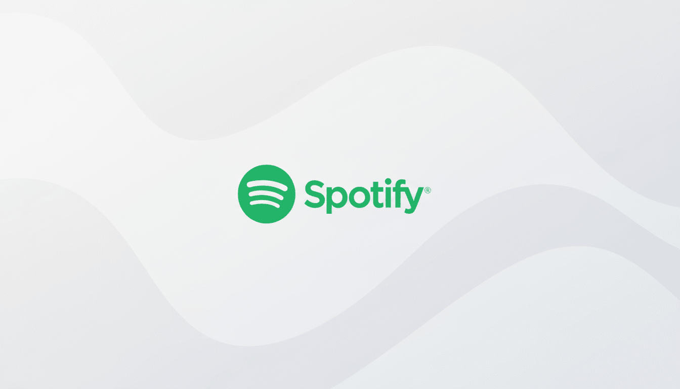 The Spotify logo, featuring a green circle with three curved lines resembling sound waves, and the word Spotify in green text, centered on a light gray background with subtle, soft white wave patterns.