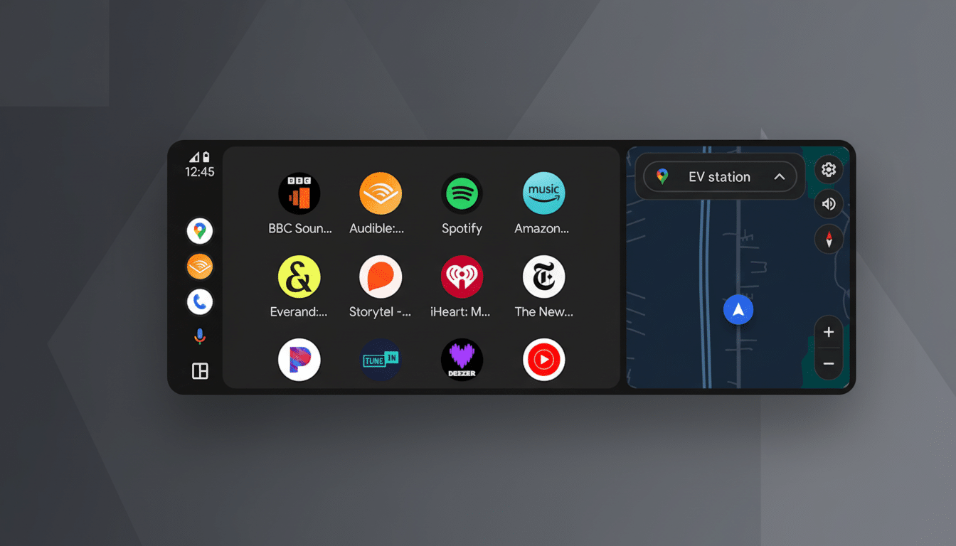 A screenshot of a cars infotainment system displaying various app icons on the left and a map with an EV station search on the right.