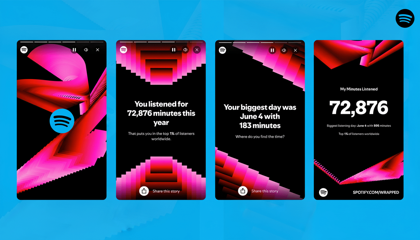 A 16:9 aspect ratio image showing four Spotify Wrapped screens on a blue background. The screens display listening statistics with vibrant pink and black abstract designs.