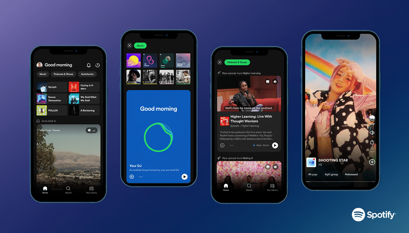 Four mobile phones displaying the Spotify app interface, with various screens showing music, podcasts, and a video.