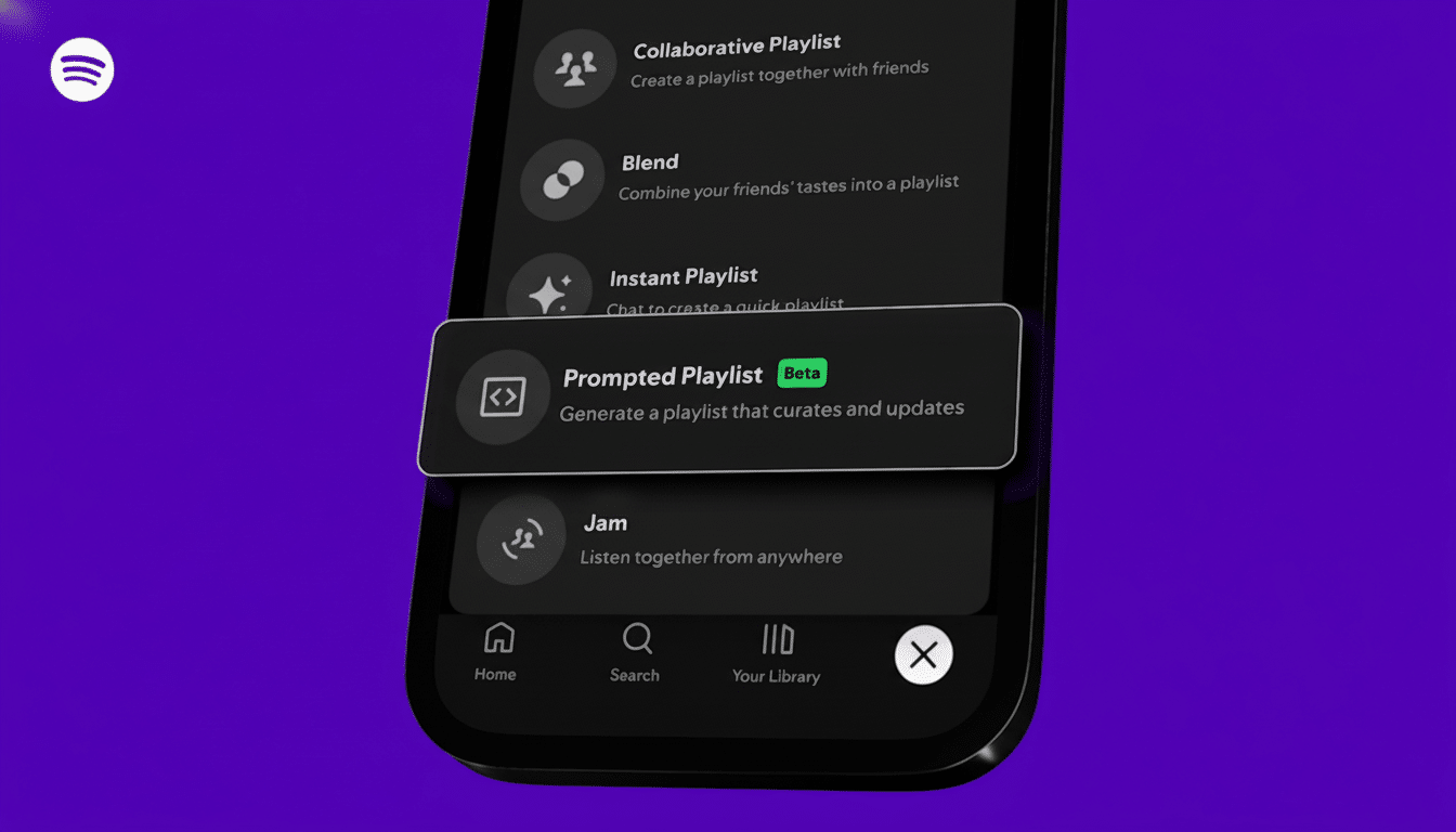 A Spotify mobile app screen showing a Prompted Playlist feature with a Beta tag, set against a purple background.