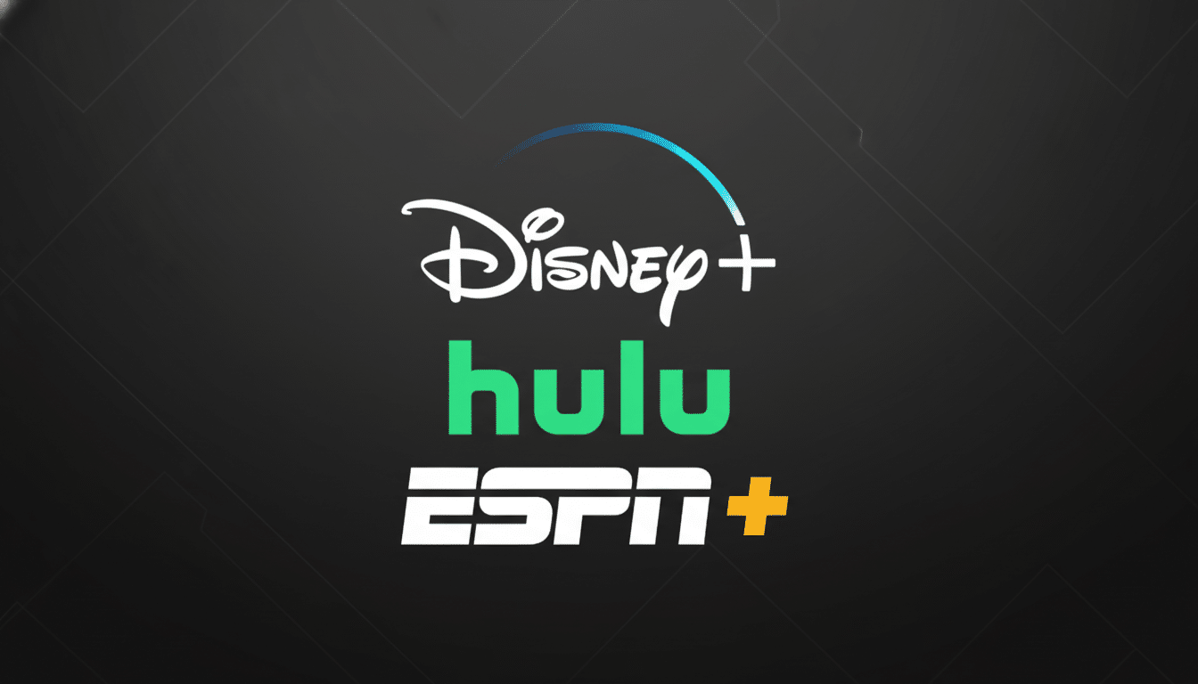The Disney+, Hulu, and ESPN+ logos are displayed on a dark gray background with subtle geometric patterns.