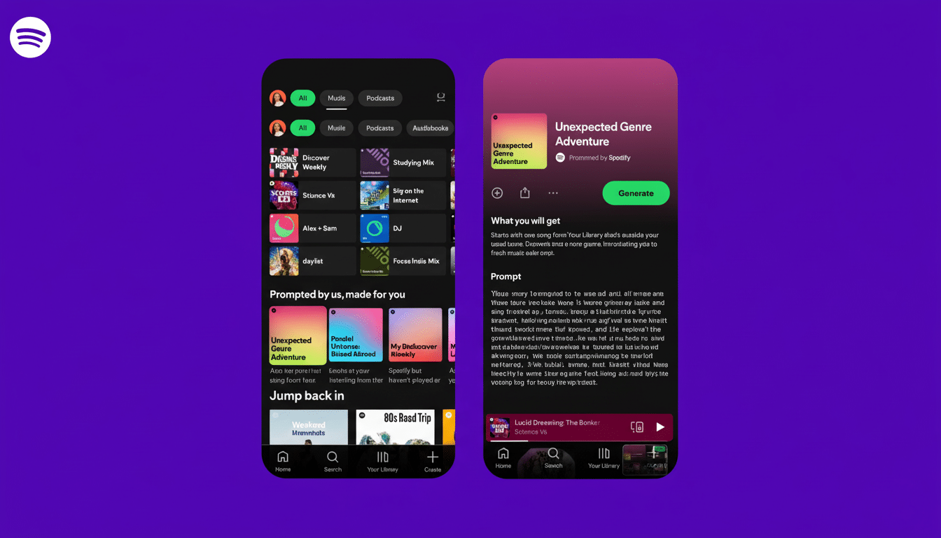 A 16:9 aspect ratio image showing two mobile phone screens displaying the Spotify app interface. The left screen shows various music categories and playlists, while the right screen displays details for an Unexpected Genre Adventure feature.