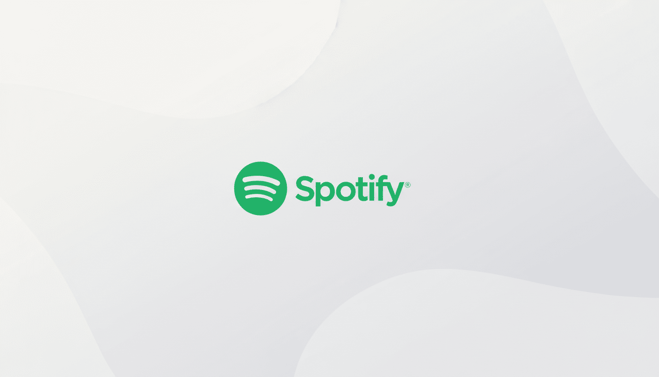 The Spotify logo, featuring a green circle with three curved lines resembling sound waves, and the word Spotify in green text, centered on a light gray background with subtle, soft white wave patterns.