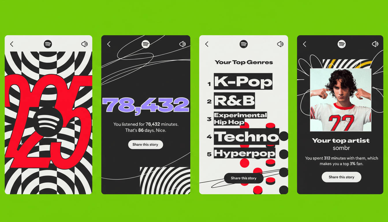 Four Spotify Wrapped screens are displayed side-by-side. The first screen shows a large red 25 over a black and white checkered pattern. The second screen shows 78,432 in purple text, indicating minutes listened, with a Share this story button. The third screen lists Your Top Genres as K-Pop, R&B, Experimental Hip Hop, Techno, and Hyperpop, also with a Share this story button. The fourth screen features a person with curly hair wearing a white and red shirt with 77 on it, identified as Your top artist sombr, and a Share this story button.