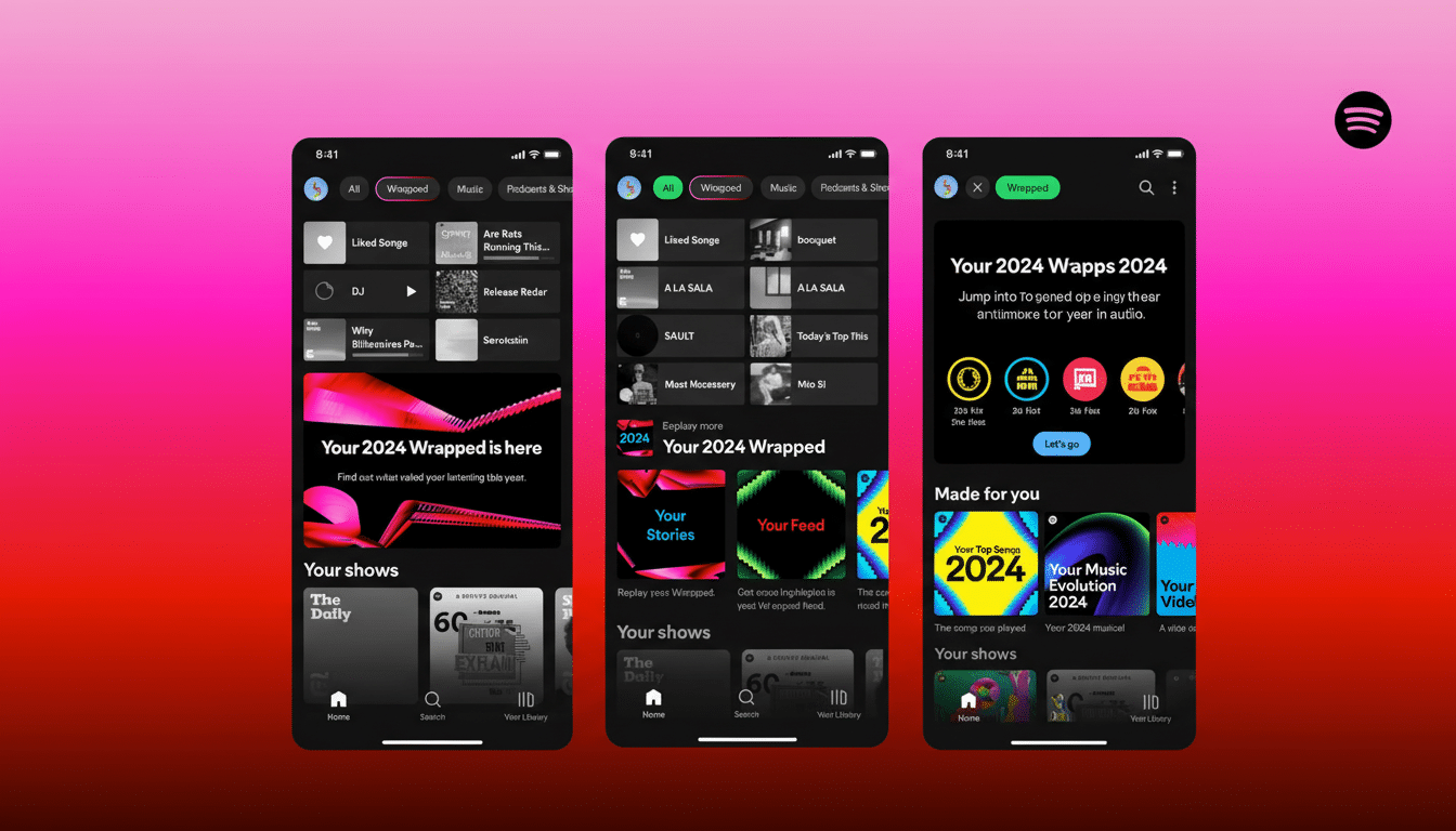 Three Spotify app screens are displayed side-by-side, showcasing the Wrapped 2024 feature. The background is a professional flat design with a soft gradient.