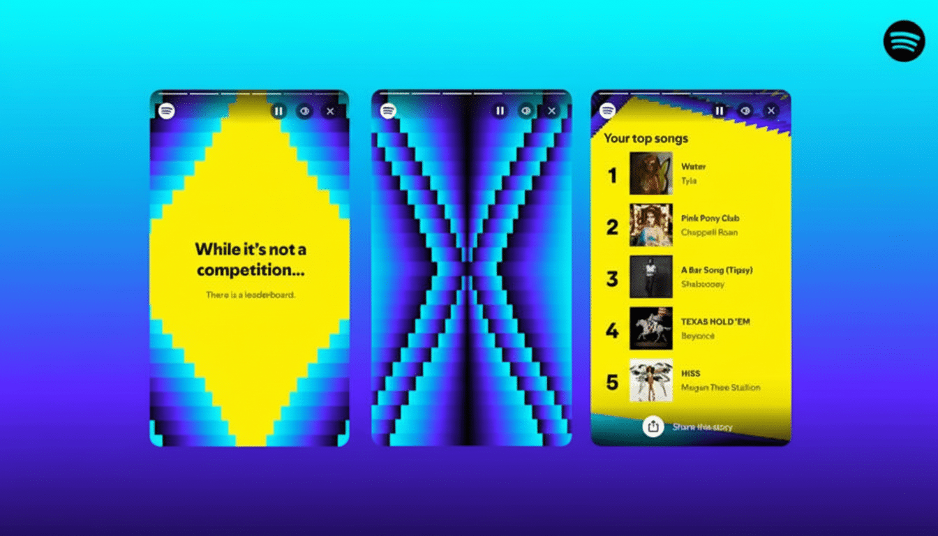 A 16:9 aspect ratio image showing three Spotify mobile screens. The first two screens display abstract blue and yellow pixelated patterns, while the third screen shows a Your top songs list with five popular tracks. The Spotify logo is visible in the top left corner.
