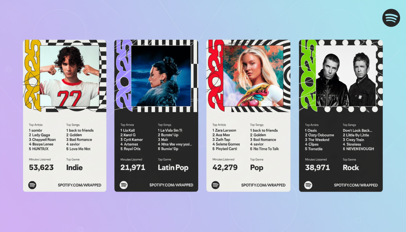 A 16:9 aspect ratio image of four Spotify Wrapped cards, each displaying a different artist, their top songs, minutes listened, and top genre. The background is a solid purple with a Spotify logo in the top right corner.