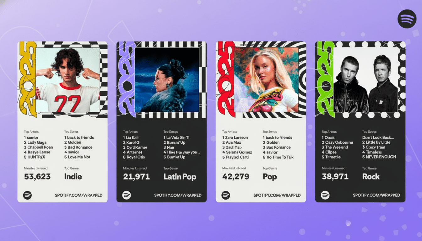 A 16:9 aspect ratio image of four Spotify Wrapped cards, each displaying a different users top artists, songs, minutes listened, and top genre for the year 2023. The background is a professional flat design with soft patterns and gradients.