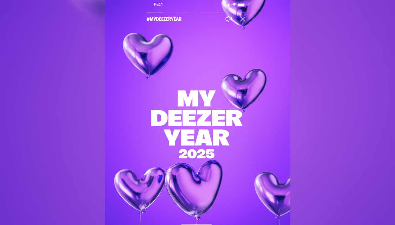 A purple background with the text MY DEEZER YEAR 2025 in white, surrounded by several shiny purple heart-shaped balloons. The image has been resized to a 16:9 aspect ratio.