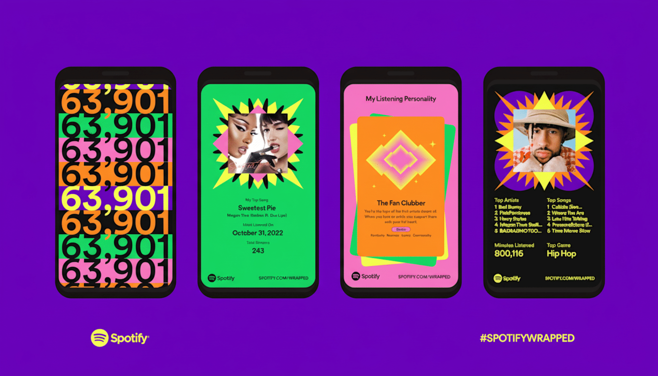 Four mobile phones displaying Spotify Wrapped summaries, set against a vibrant purple background.