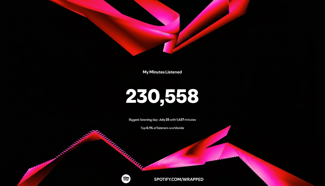 A Spotify Wrapped summary showing My Minutes Listened as 230,558, with the biggest listening day on July 25 with 1,437 minutes, and indicating Top 0.1% of listeners worldwide. The background is black with abstract pink and red geometric shapes at the top and bottom, and the Spotify logo and SPOTIFY.COM/WRAPPED at the bottom.