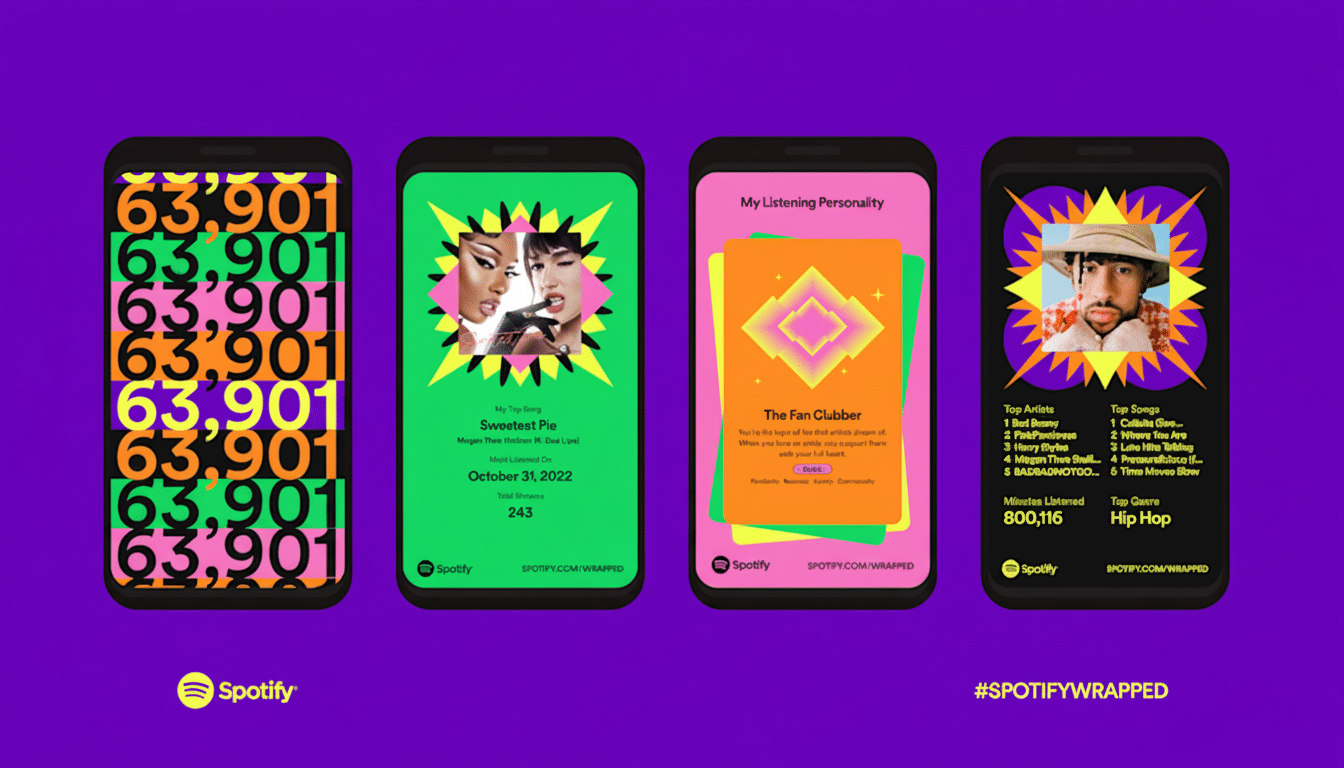 Four mobile phones displaying Spotify Wrapped summaries, including top songs, listening personality, and minutes listened, against a purple background.