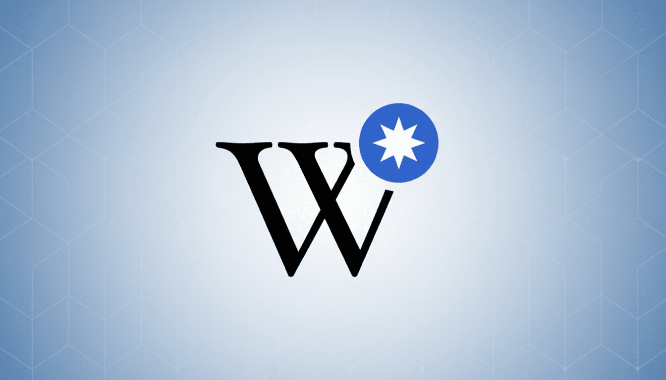 The Wikipedia W logo in black with a blue circle containing a white star in the upper right, set against a light blue background with a subtle geometric pattern.