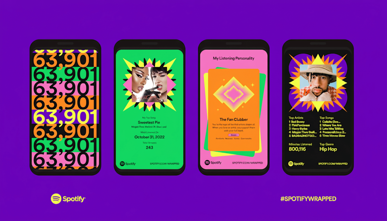 Four smartphones displaying Spotify Wrapped summaries, with the first showing a numerical pattern, the second Sweetest Pie by Megan Thee Stallion and Dua Lipa, the third The Fan Clubber personality, and the fourth Bad Bunnys top artists and songs.