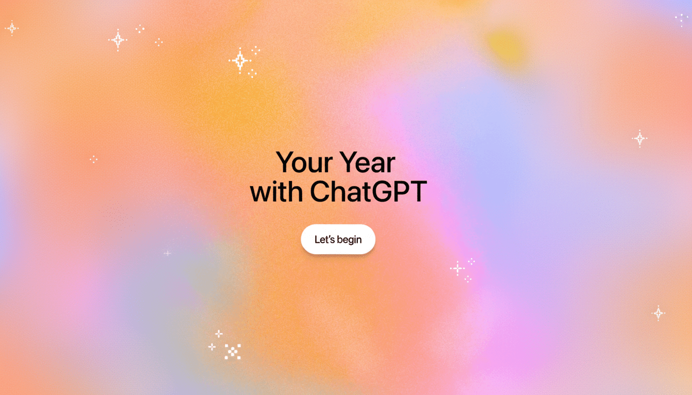 A 16:9 aspect ratio image with a soft, gradient background in shades of orange, pink, and purple. The text Your Year with ChatGPT is centrally placed in black, with a white button below it that reads Lets begin. Small, white star-like patterns are scattered across the background.