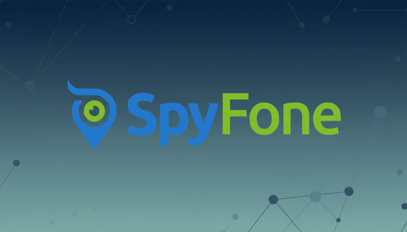 The SpyFone logo, featuring a blue location pin icon with an eye in the center, and the word SpyFone in blue and green text, set against a professional flat design background with soft patterns and gradients.