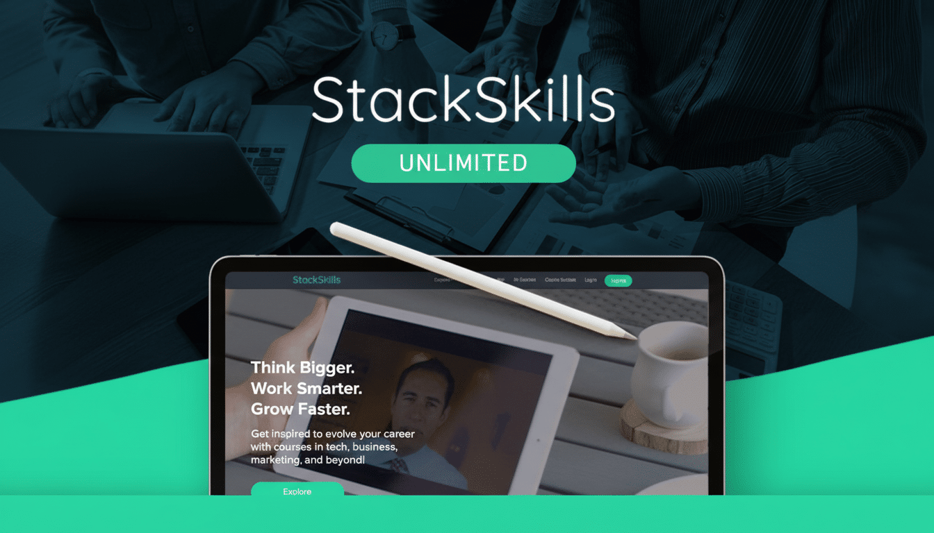 A professional image for StackSkills Unlimited, featuring a tablet displaying the StackSkills website with the text Think Bigger. Work Smarter. Grow Faster. and a persons hands holding the tablet. The background shows a blurred office setting with people working, maintaining the original context while being resized to a 16:9 aspect ratio.