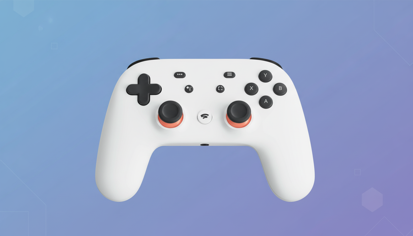 A white Google Stadia controller with black joysticks and buttons, featuring orange accents, centered against a professional 16:9 aspect ratio background with a soft blue and purple gradient and subtle geometric patterns.