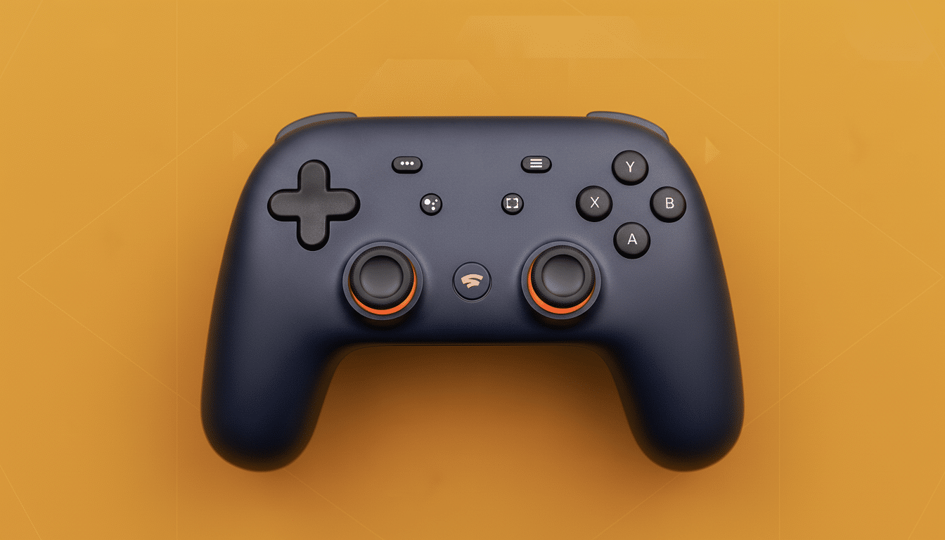 A dark blue Google Stadia controller is centered on a professional flat design background with a soft orange gradient and subtle geometric patterns.