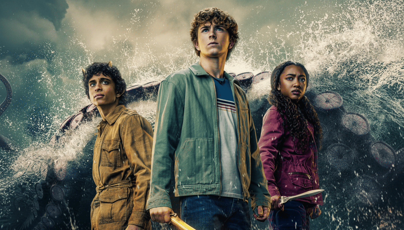 Three young people, two boys and a girl, stand in front of a stormy sea with a large tentacled creature in the background. The boy in the center wears a green jacket, the boy on the left has horns and wears a brown shirt, and the girl on the right wears a maroon jacket and holds a dagger.