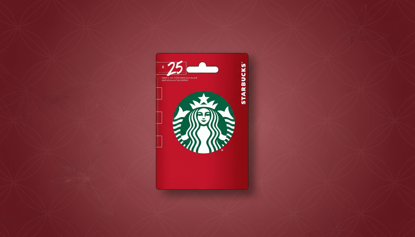 A Starbucks gift card with a value of $25, set against a professional flat design background with soft patterns and gradients.