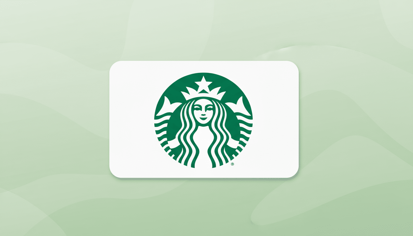 A Starbucks gift card with the iconic green siren logo centered on a white background, presented on a soft green background with subtle, wavy patterns.