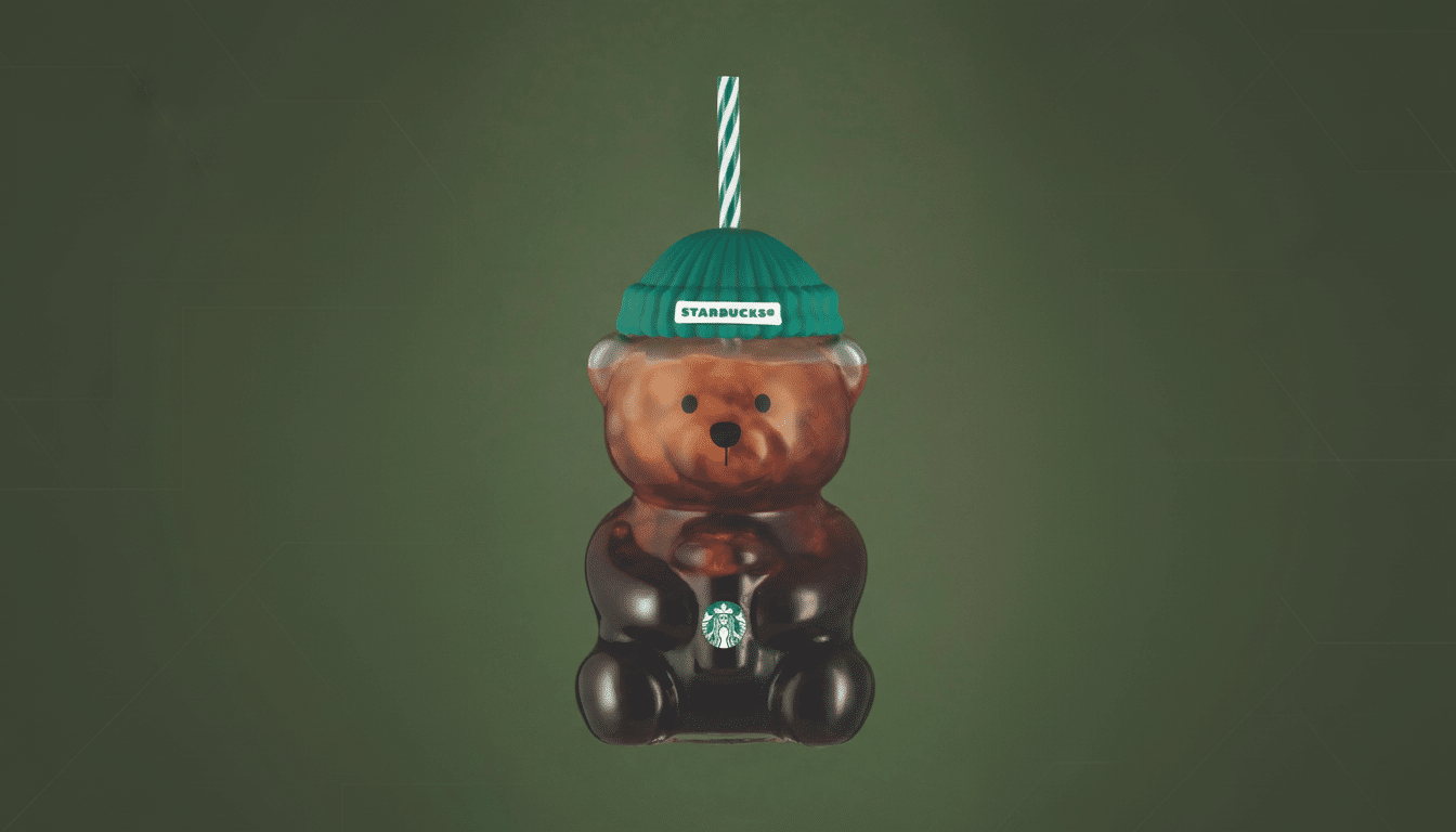 A Starbucks cold brew in a bear-shaped bottle with a green beanie and a striped straw, set against a professional dark green background with subtle patterns.
