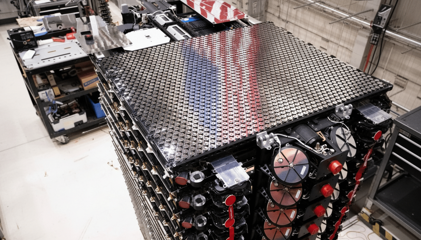 A large, complex piece of machinery composed of numerous small, cylindrical components arranged in a grid, with a reflection of the American flag visible on its surface.