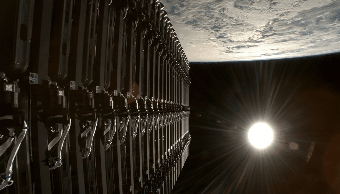 A satellite array in orbit with the Earth and sun in the background.