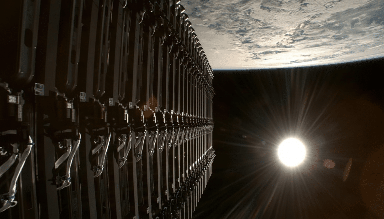 A satellite array in orbit around Earth, with the sun shining brightly in the background.