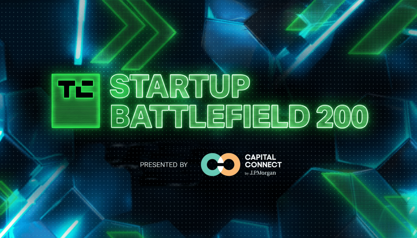 The image displays TC STARTUP BATTLEFIELD 200 in bright green text, with PRESENTED BY and the CAPITAL CONNECT by J.P. Morgan logo below. The background is a dark, abstract design with glowing blue and green geometric shapes and a subtle grid pattern.