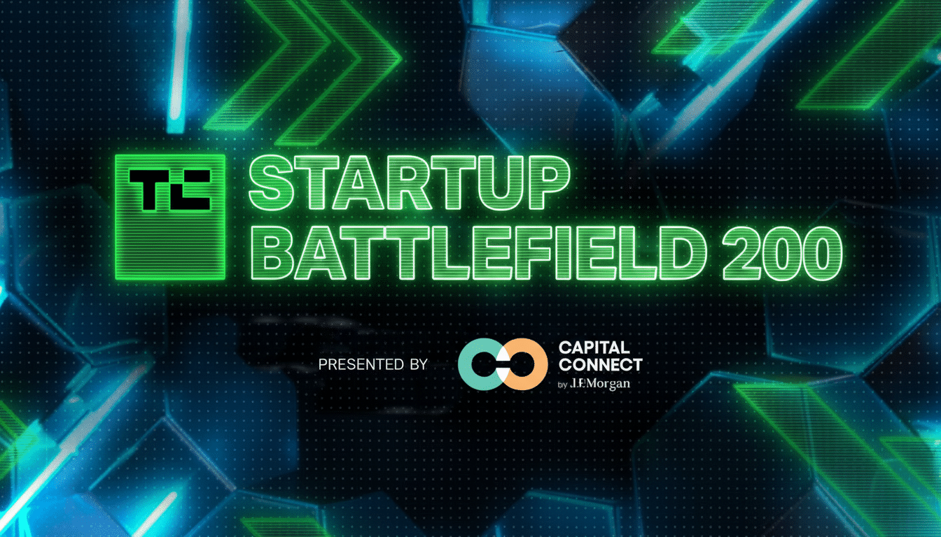 The image displays TC STARTUP BATTLEFIELD 200 in bright green text, with PRESENTED BY and the Capital Connect by J.P. Morgan logo below. The background features abstract green and blue geometric shapes with a subtle dotted pattern.