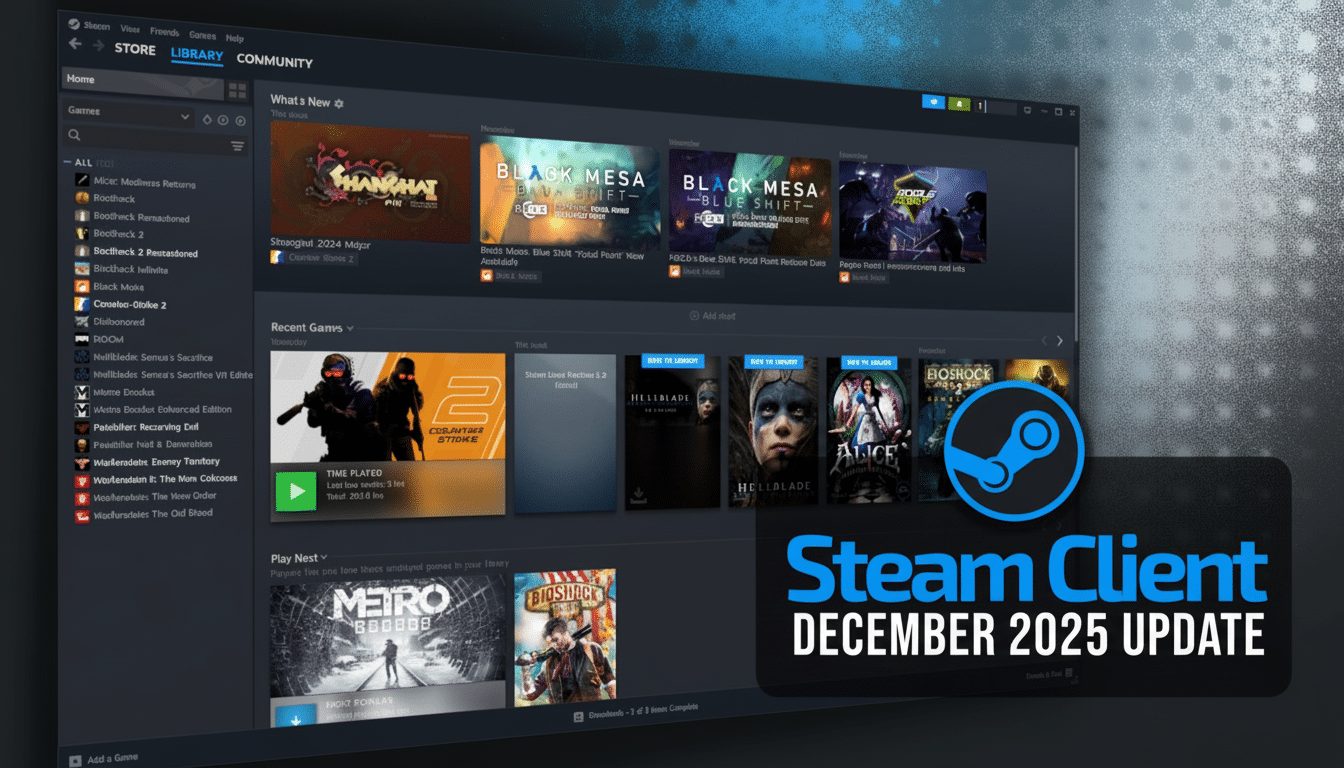 A resized and enhanced image of the Steam client interface with a Steam Client December 2025 Update overlay.