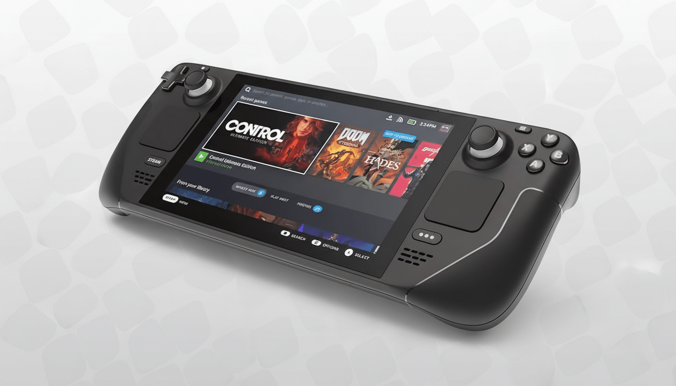 A black Steam Deck handheld gaming console is displayed at an angle on a white background with a subtle geometric pattern. The screen shows the Steam OS interface with game titles like Control, Doom Eternal, and Hades.