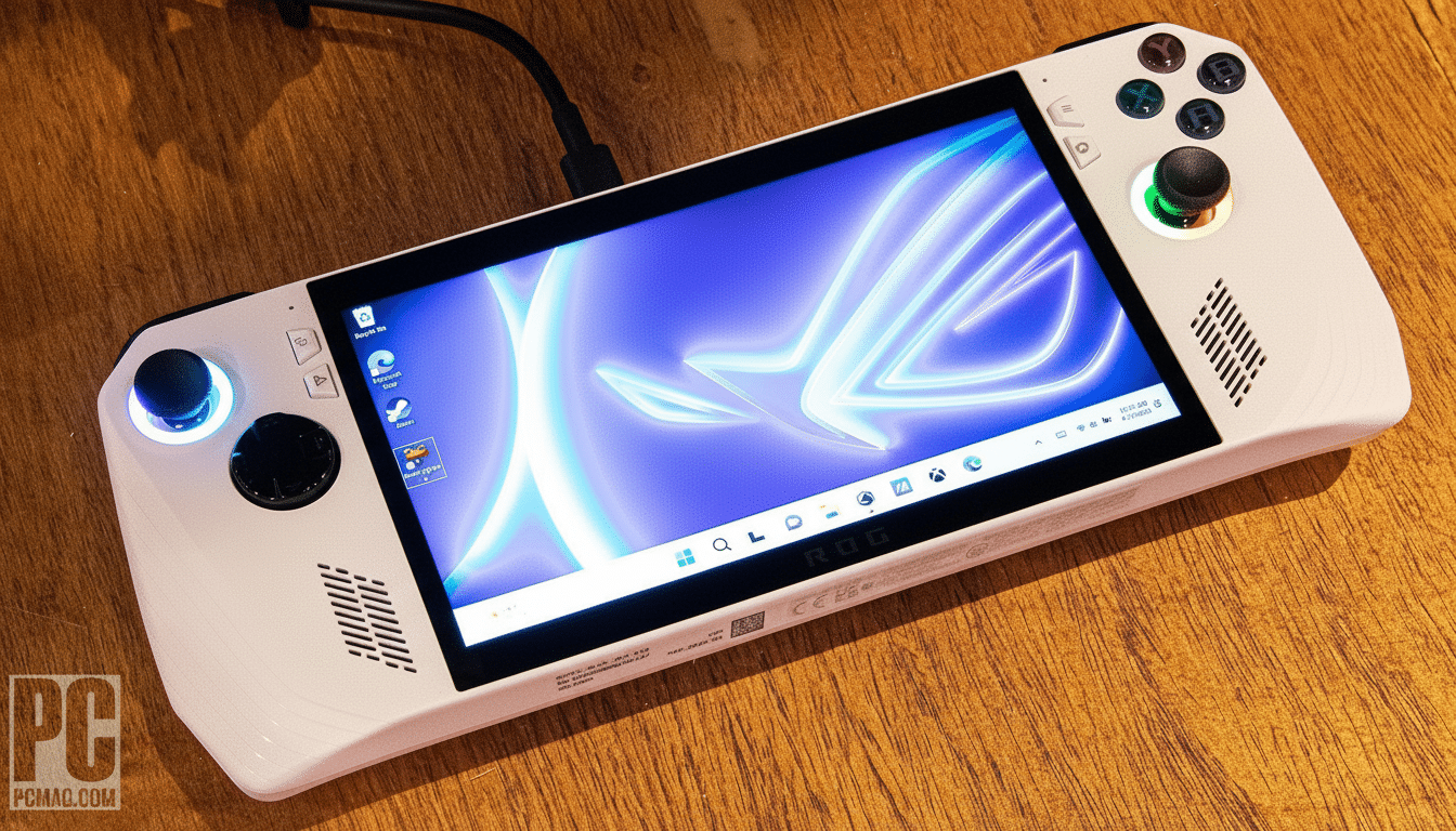 A white handheld gaming PC with a glowing blue and purple screen, featuring a ROG logo, is shown on a wooden surface.