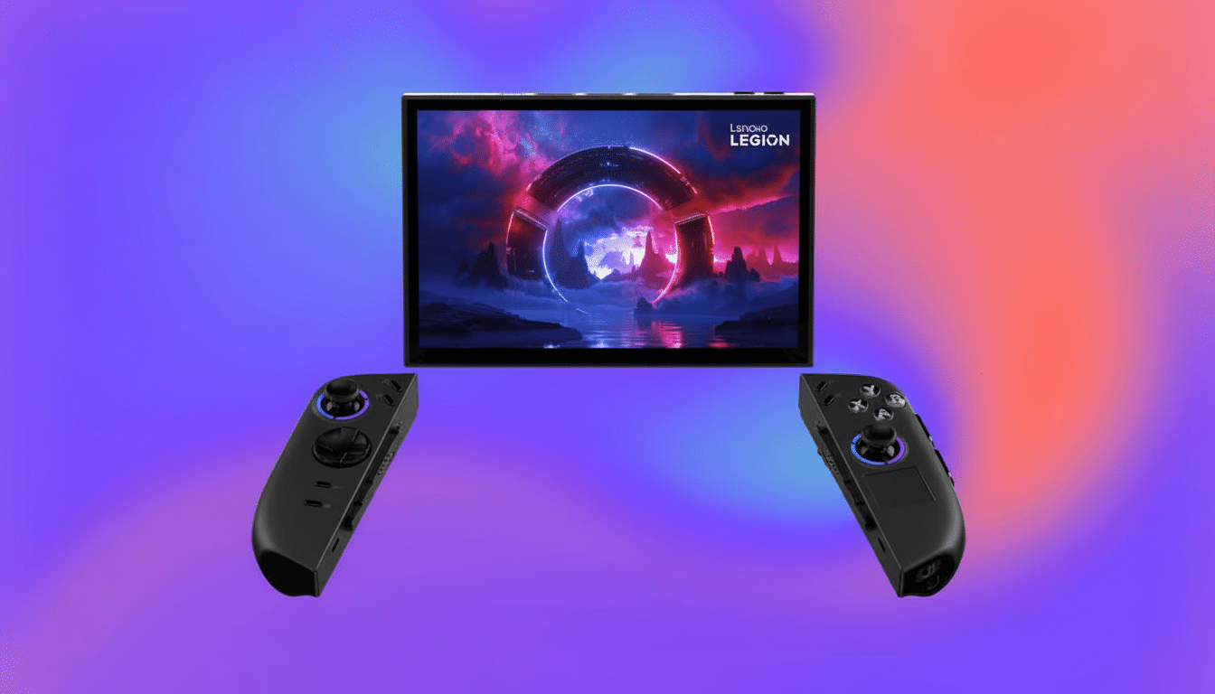 A Lenovo Legion gaming tablet with two detachable controllers, set against a vibrant gradient background.