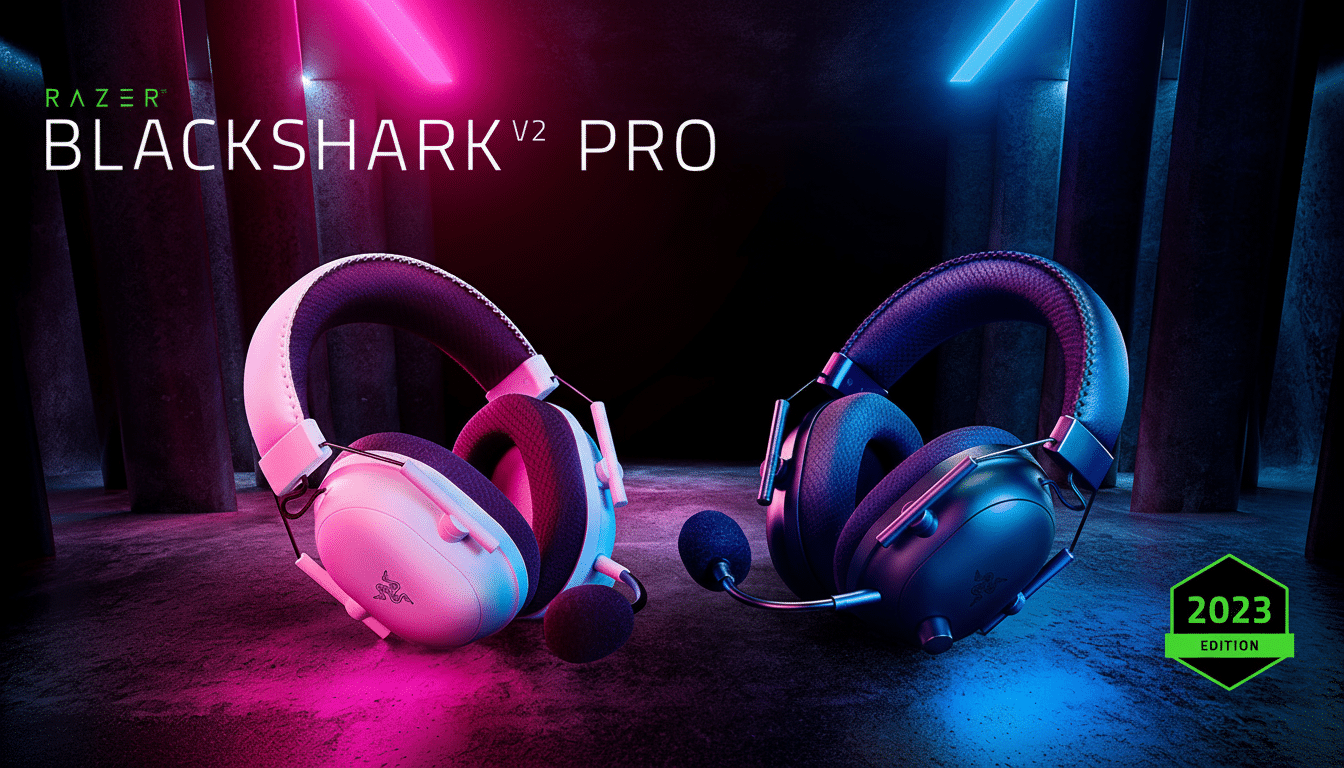 A pair of Razer BlackShark V2 Pro 2023 Edition gaming headsets, one white and one black, illuminated by pink and blue neon lights in a dark, industrial setting.