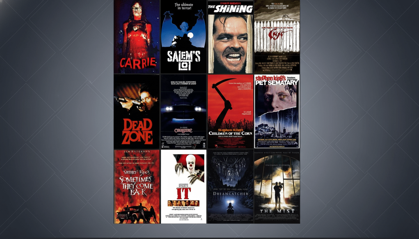 A collage of twelve Stephen King movie posters, resized to a 16:9 aspect ratio with a professional flat design background featuring soft patterns.