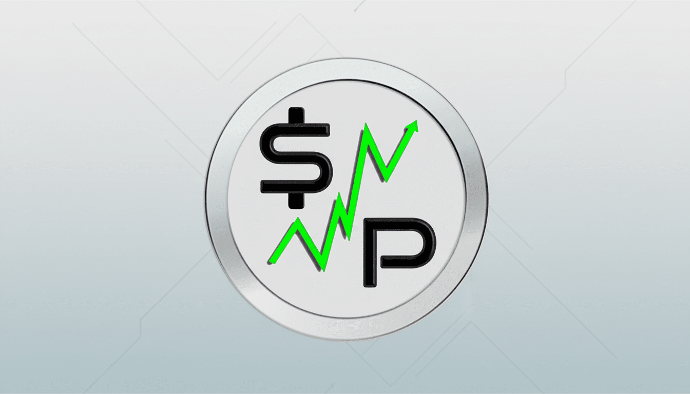 A 16:9 aspect ratio image featuring a silver-rimmed circular icon with a light gray center. Inside the circle, a black dollar sign ($) is on the left, a black letter P is on the right, and a vibrant green upward-trending line graph zigzags between them. The background is a professional flat design with subtle geometric patterns and a soft gradient.