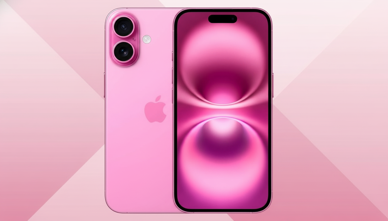 A pink smartphone with a dual-camera system on the back and a screen displaying a pink abstract design, presented on a light pink background with subtle geometric patterns.