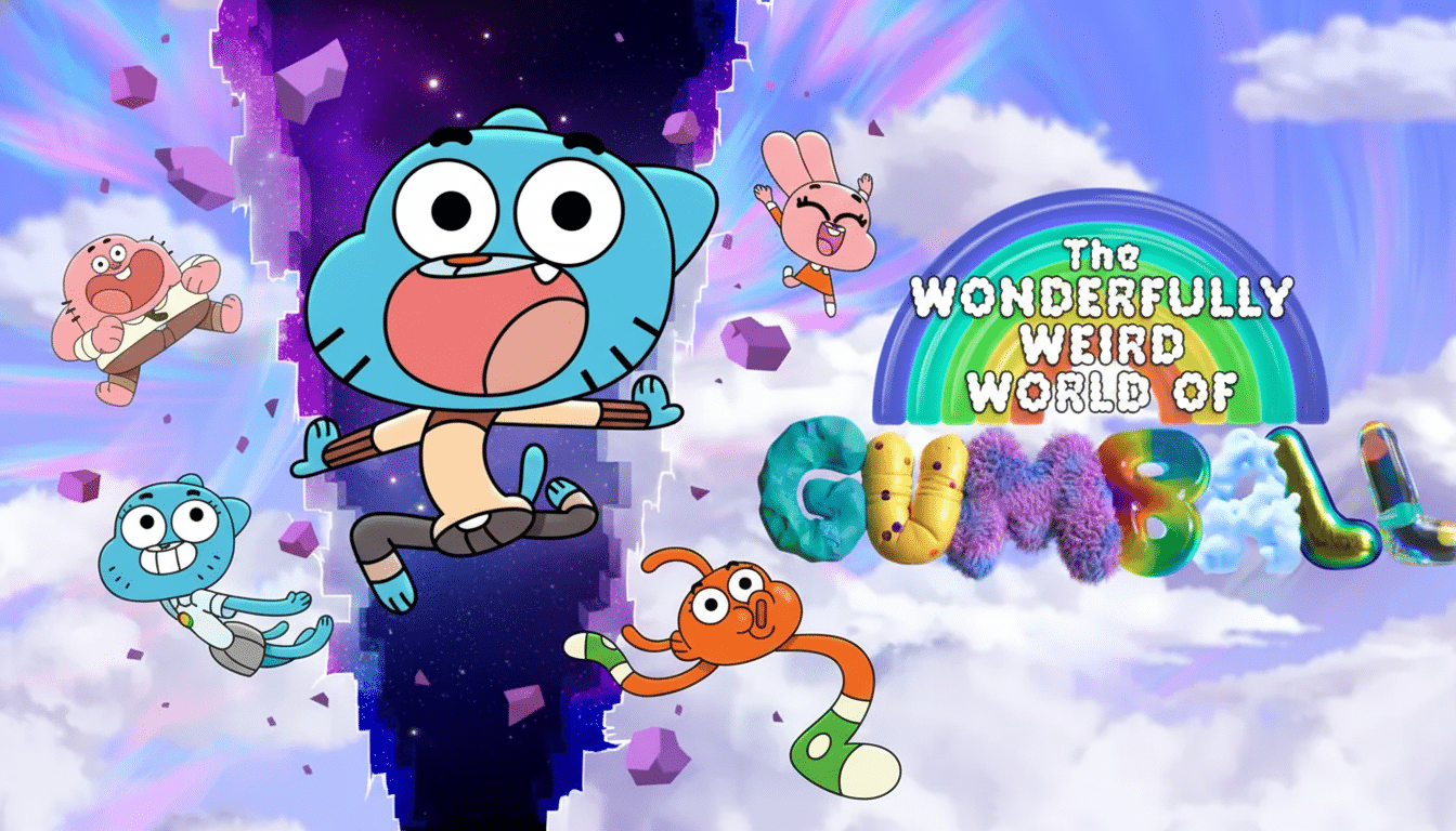 The title card for The Wonderfully Weird World of Gumball featuring Gumball, Darwin, Anais, Richard, and Nicole Watterson in a dynamic pose against a colorful, cloud-filled background.