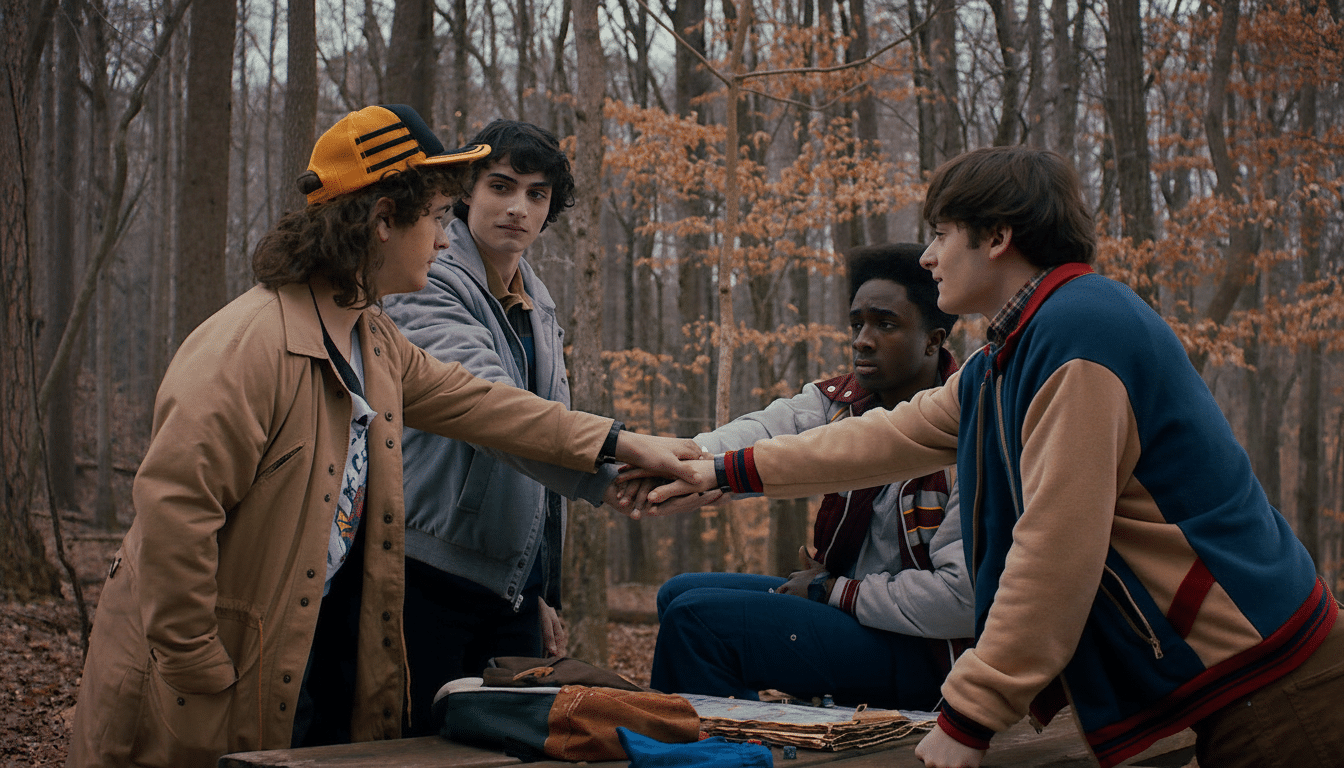 Four young men from Stranger Things, including Dustin, Mike, Lucas, and Will, with their hands stacked together in a gesture of unity, standing around a wooden table in a forest.