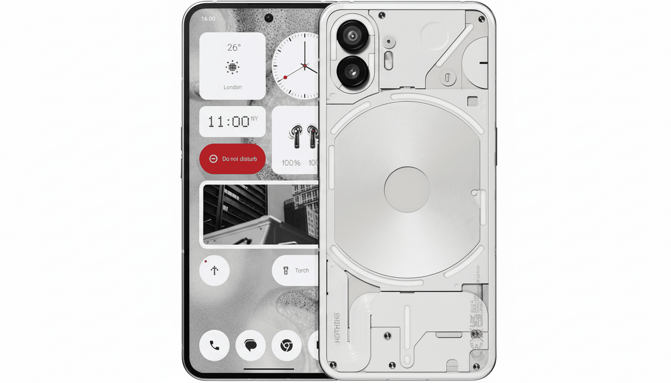 A white Nothing Phone (2) is displayed with its front screen showing a monochrome interface and its back revealing the transparent design with internal components. The image is set against a clean white background.