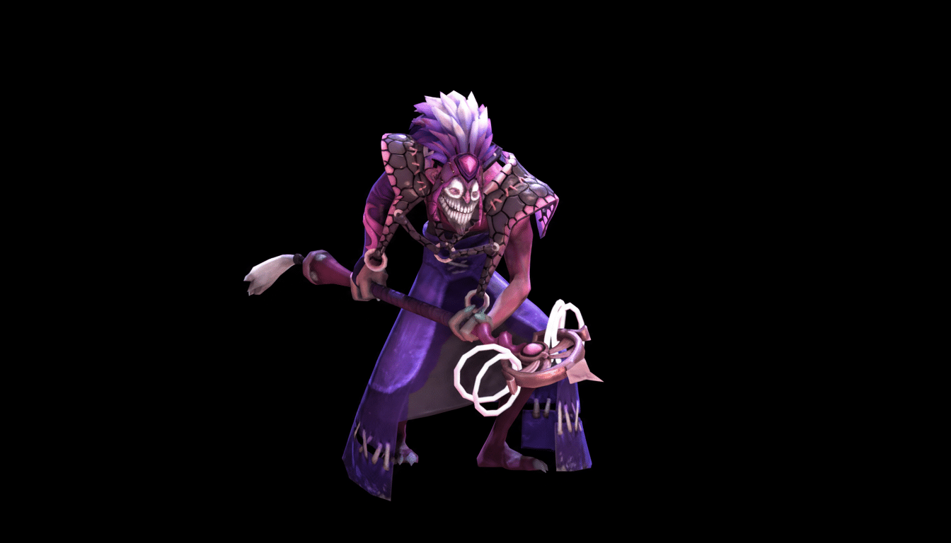 A purple-skinned, skeletal-faced character with white hair and a purple robe, holding a staff, against a black background.